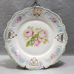 Hand Painted Cake Plate Pink Yellow Roses Scalloped Reticulated Vintage Bavaria